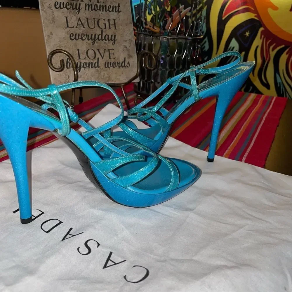 🆕 NEW Casadei Sparkling Strappy Stiletto Heels – Blue Glitter